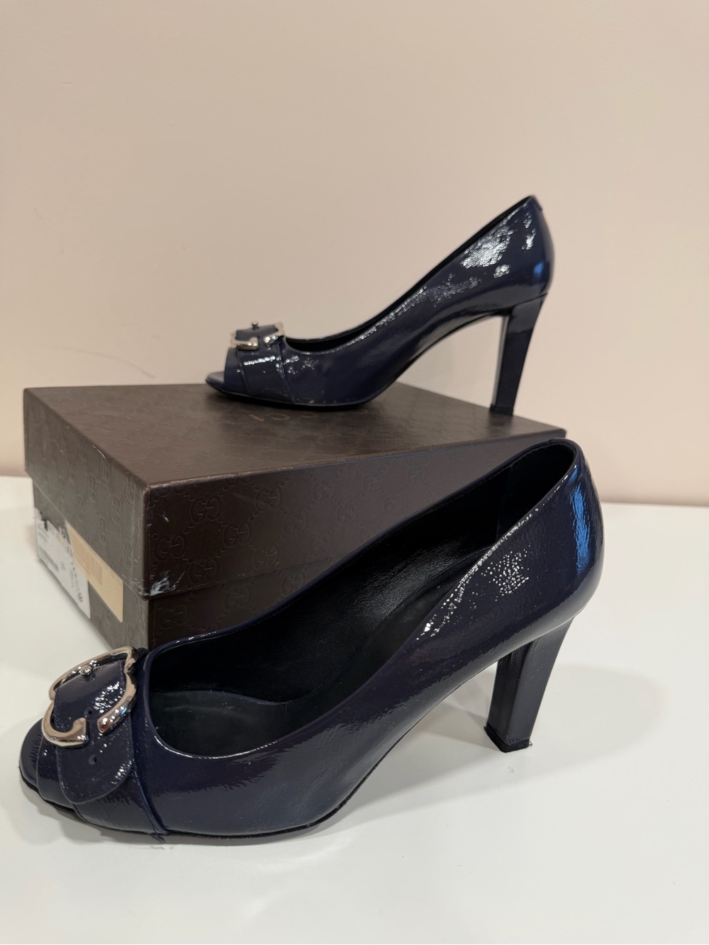 Gucci Navy Patent Peep-Toe Heels with Buckle